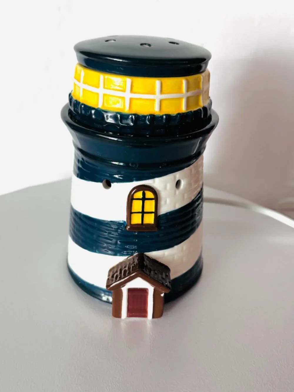 Retired Scentsy Nautical Lighthouse Blue White Ceramic Wax Warmer  TESTED